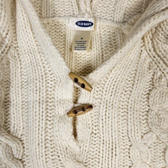 Vintage Y2K Cable Knit Sweater Womens Lambs Wool Hood Wood Toggle Button Cream M - Picture 9 of 15